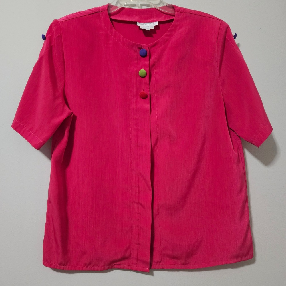 Susan Hutton Vintage Fuchsia Pink‎ Blouse Short Sleeve Colorful Buttons Size 12